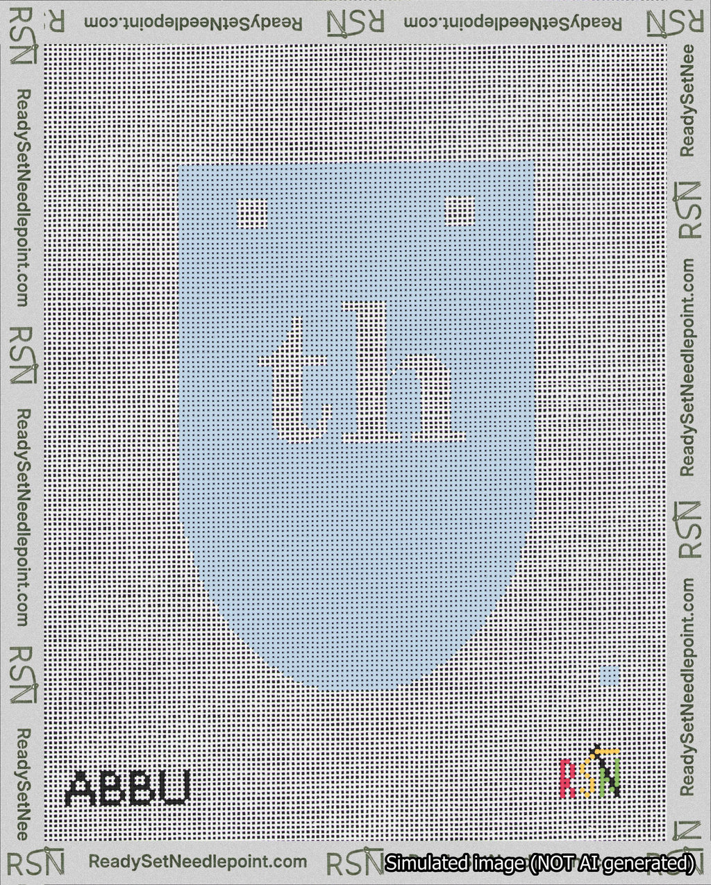 A taped needlepoint canvas with the design: Banner 18 mesh count Rounded th White on Light Blue.