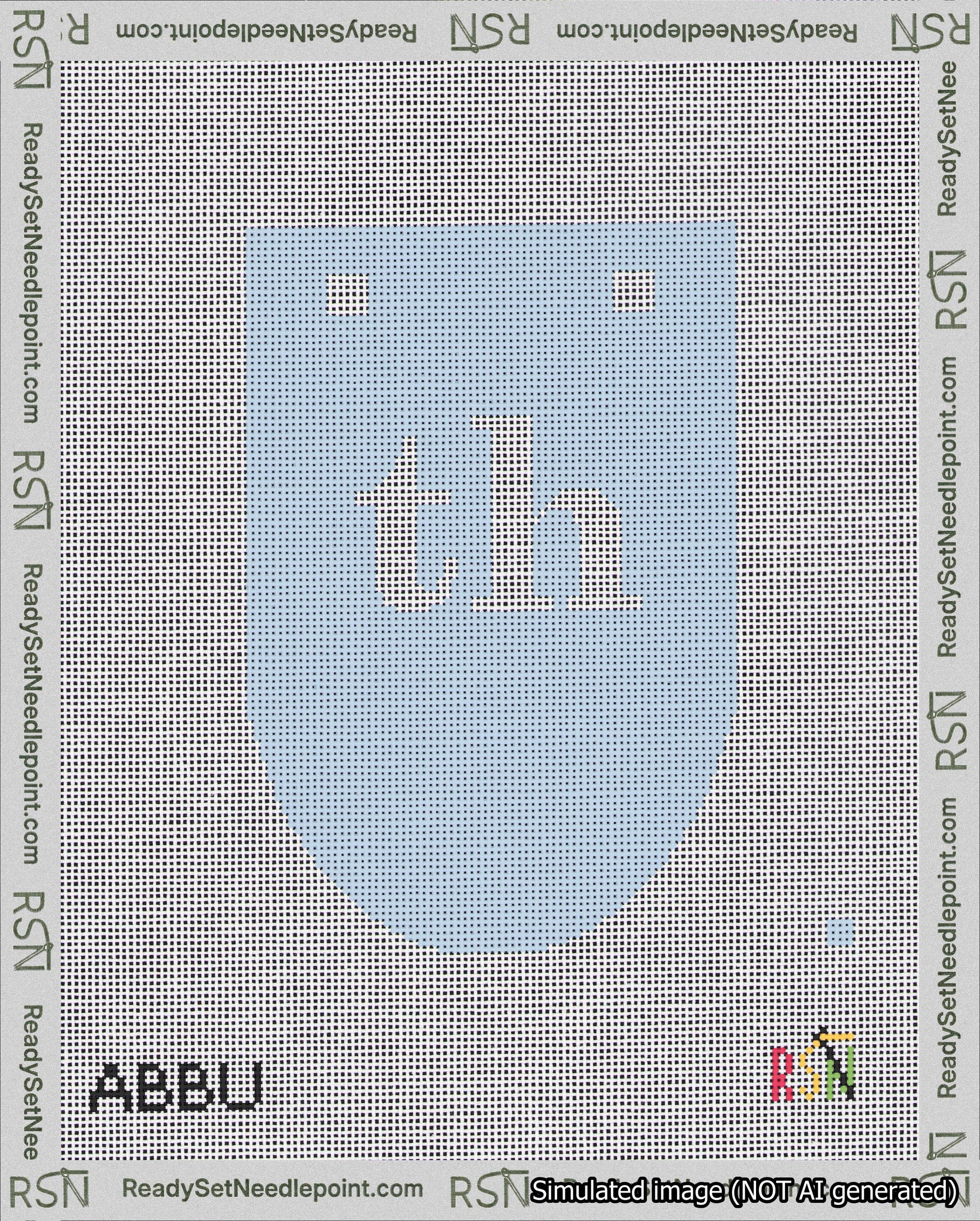 A taped needlepoint canvas with the design: Banner 18 mesh count Rounded th White on Light Blue.
