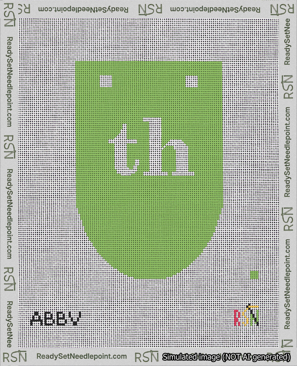A taped needlepoint canvas with the design: Banner 18 mesh count Rounded th White on Light Green.