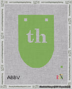 A taped needlepoint canvas with the design: Banner 18 mesh count Rounded th White on Light Green.
