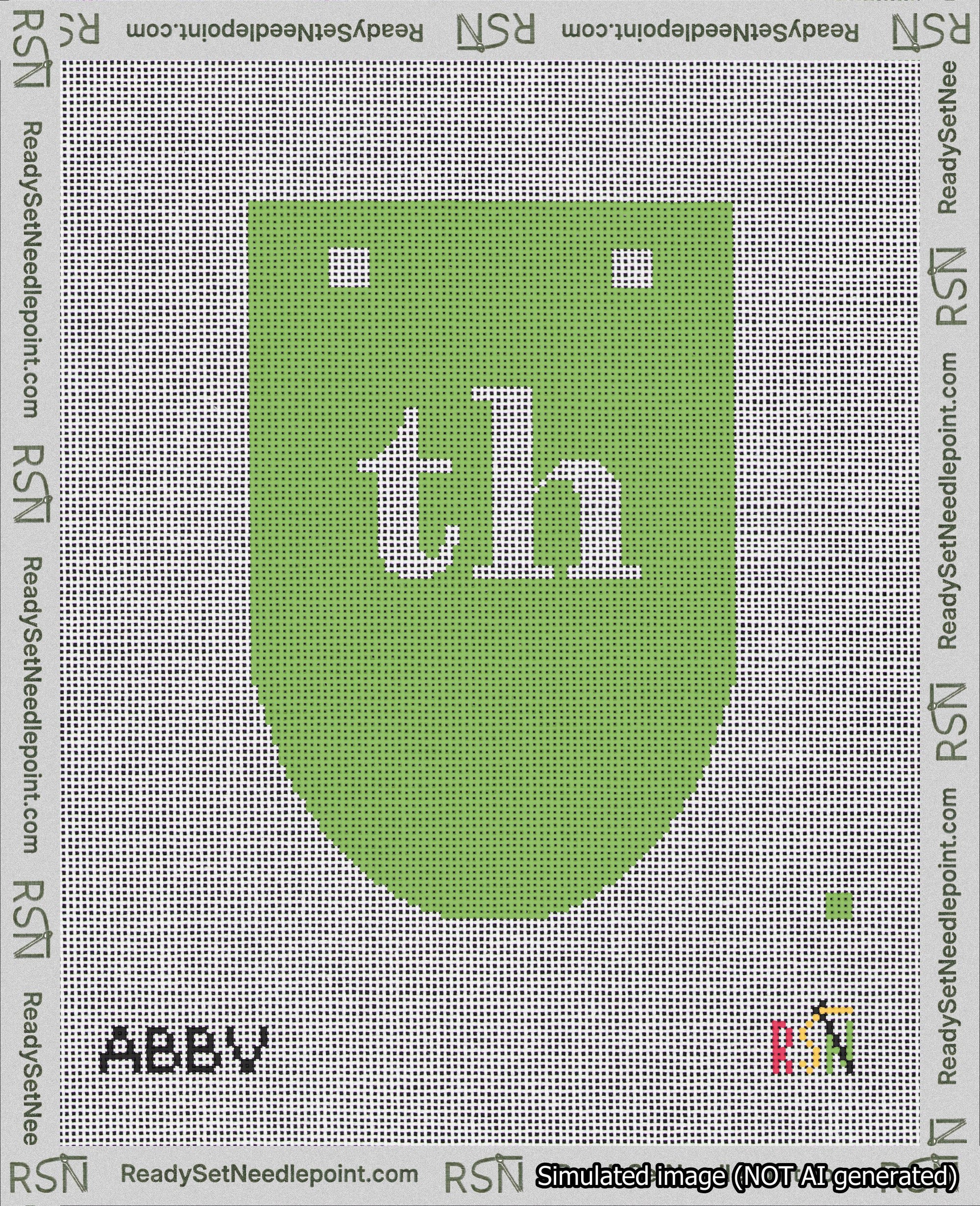 A taped needlepoint canvas with the design: Banner 18 mesh count Rounded th White on Light Green.
