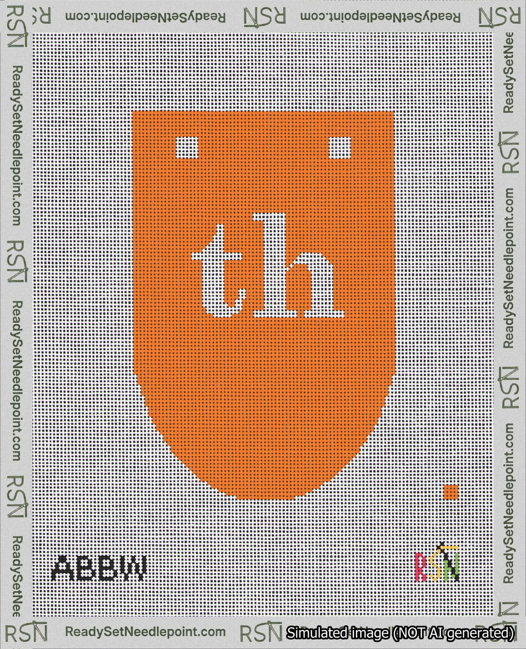 A taped needlepoint canvas with the design: Banner 18 mesh count Rounded th White on Orange.