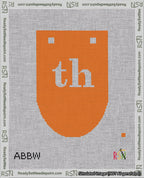 A taped needlepoint canvas with the design: Banner 18 mesh count Rounded th White on Orange.