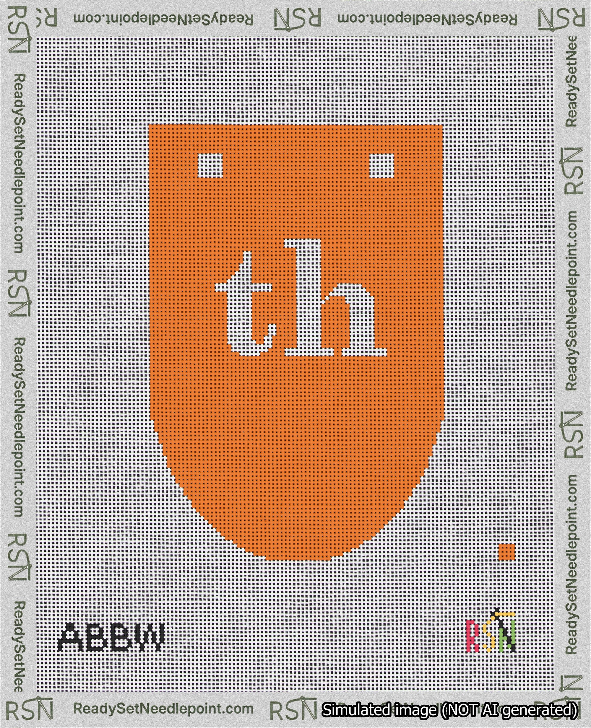 A taped needlepoint canvas with the design: Banner 18 mesh count Rounded th White on Orange.