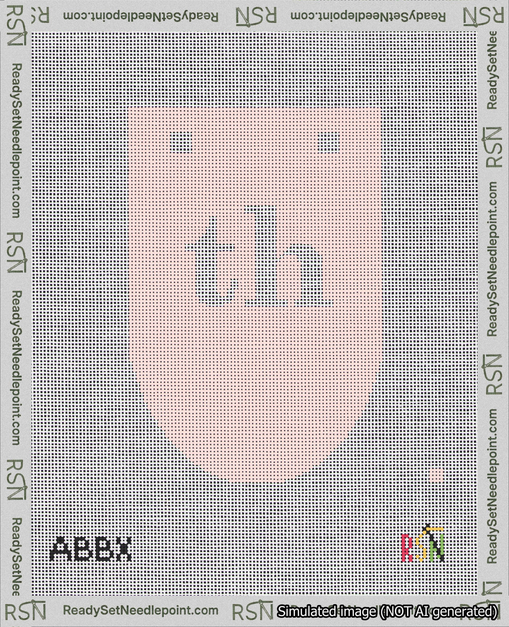 A taped needlepoint canvas with the design: Banner 18 mesh count Rounded th White on Pink.
