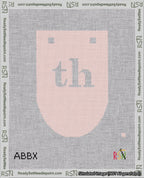 A taped needlepoint canvas with the design: Banner 18 mesh count Rounded th White on Pink.