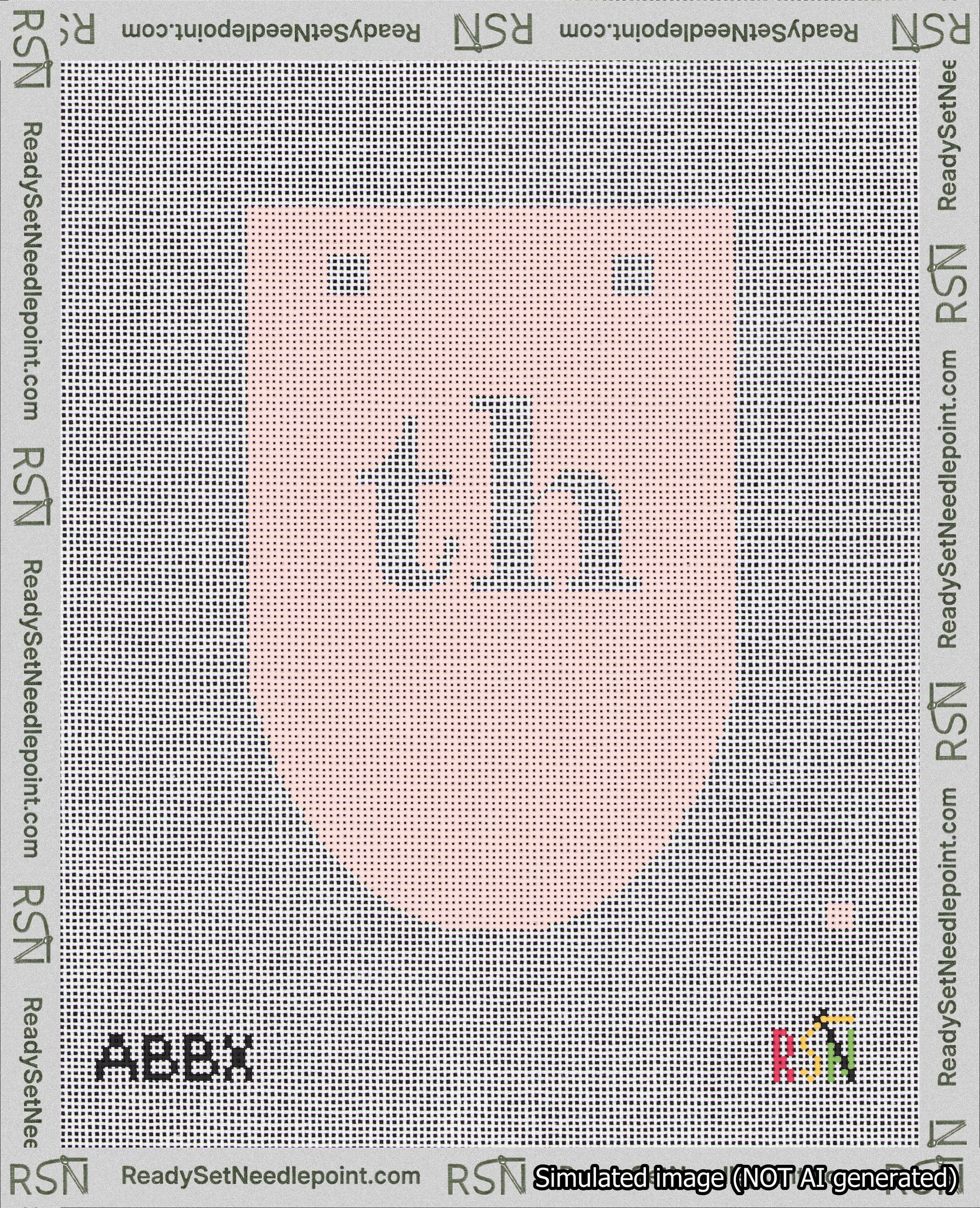 A taped needlepoint canvas with the design: Banner 18 mesh count Rounded th White on Pink.