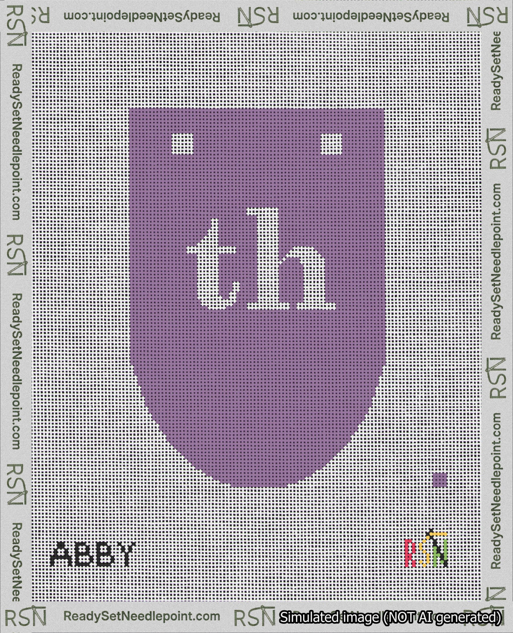 A taped needlepoint canvas with the design: Banner 18 mesh count Rounded th White on Purple.