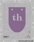 A taped needlepoint canvas with the design: Banner 18 mesh count Rounded th White on Purple.