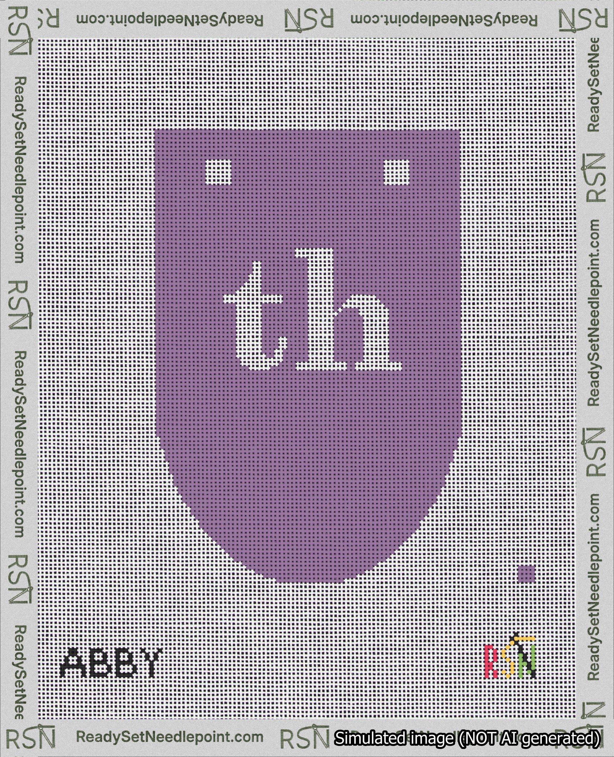 A taped needlepoint canvas with the design: Banner 18 mesh count Rounded th White on Purple.