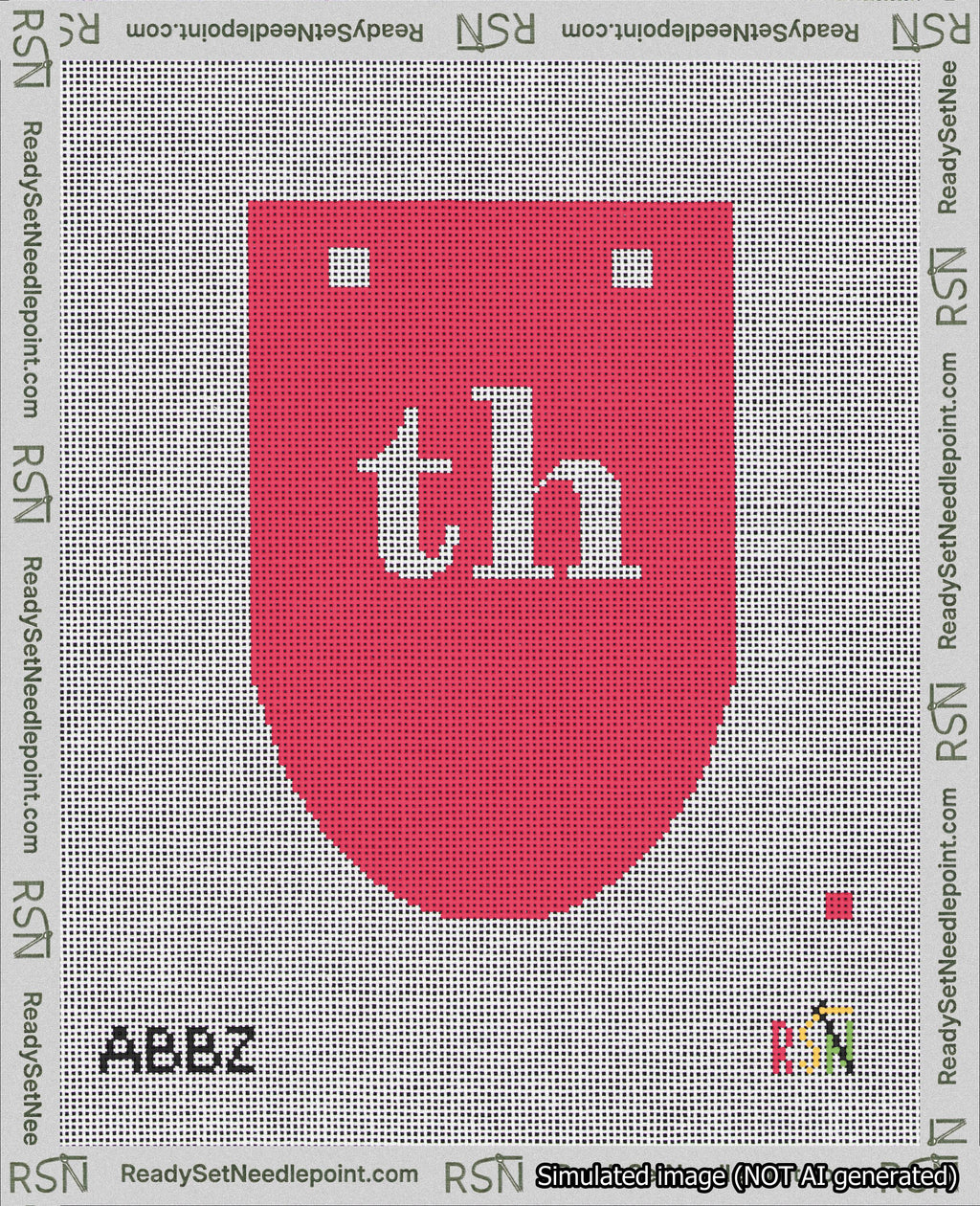 A taped needlepoint canvas with the design: Banner 18 mesh count Rounded th White on Red.