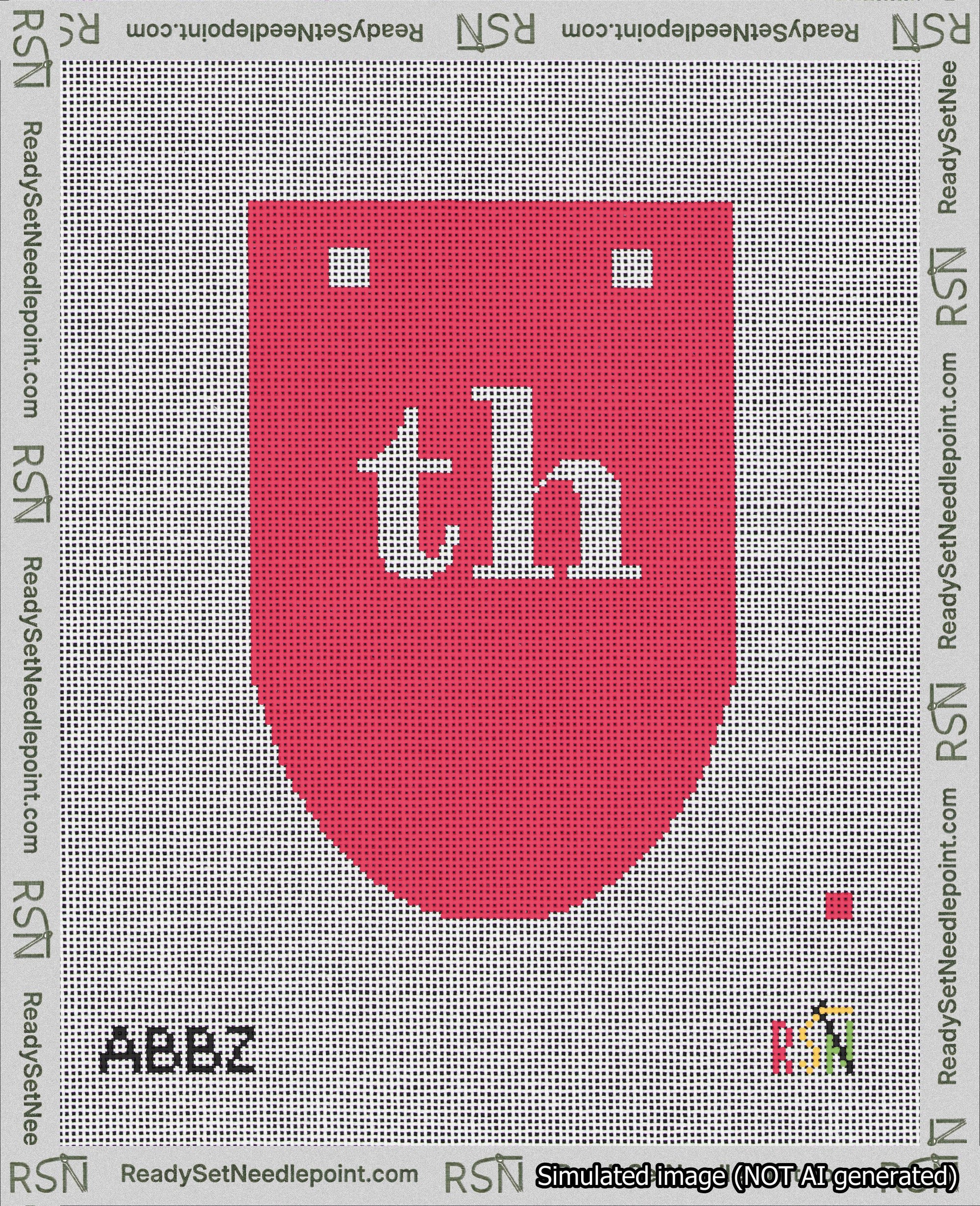 A taped needlepoint canvas with the design: Banner 18 mesh count Rounded th White on Red.