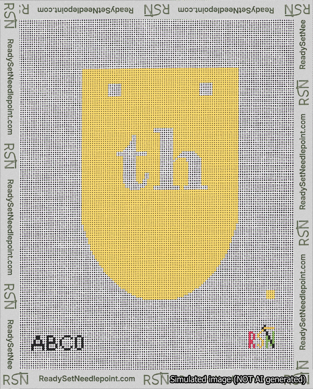 A taped needlepoint canvas with the design: Banner 18 mesh count Rounded th White on Yellow.
