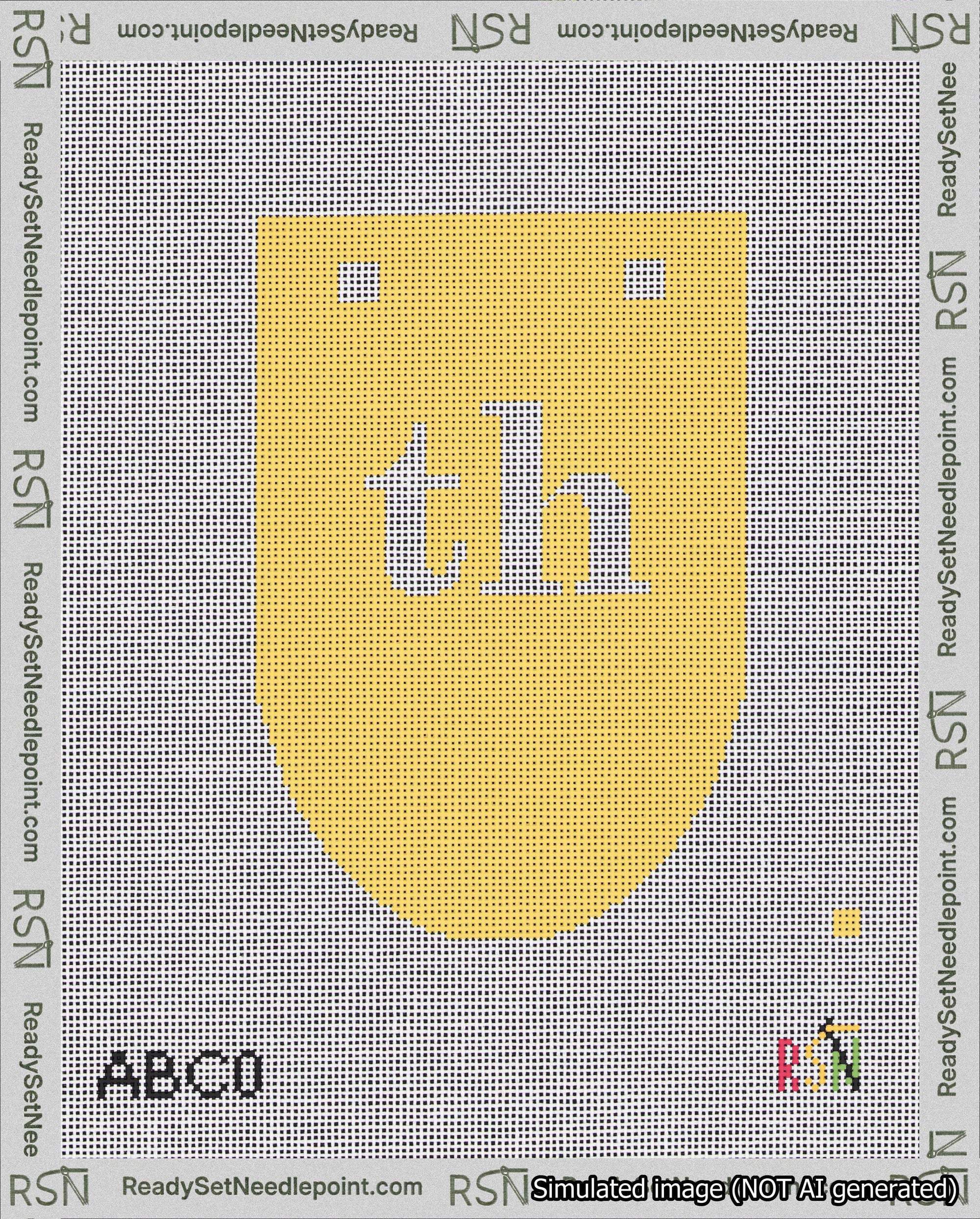 A taped needlepoint canvas with the design: Banner 18 mesh count Rounded th White on Yellow.