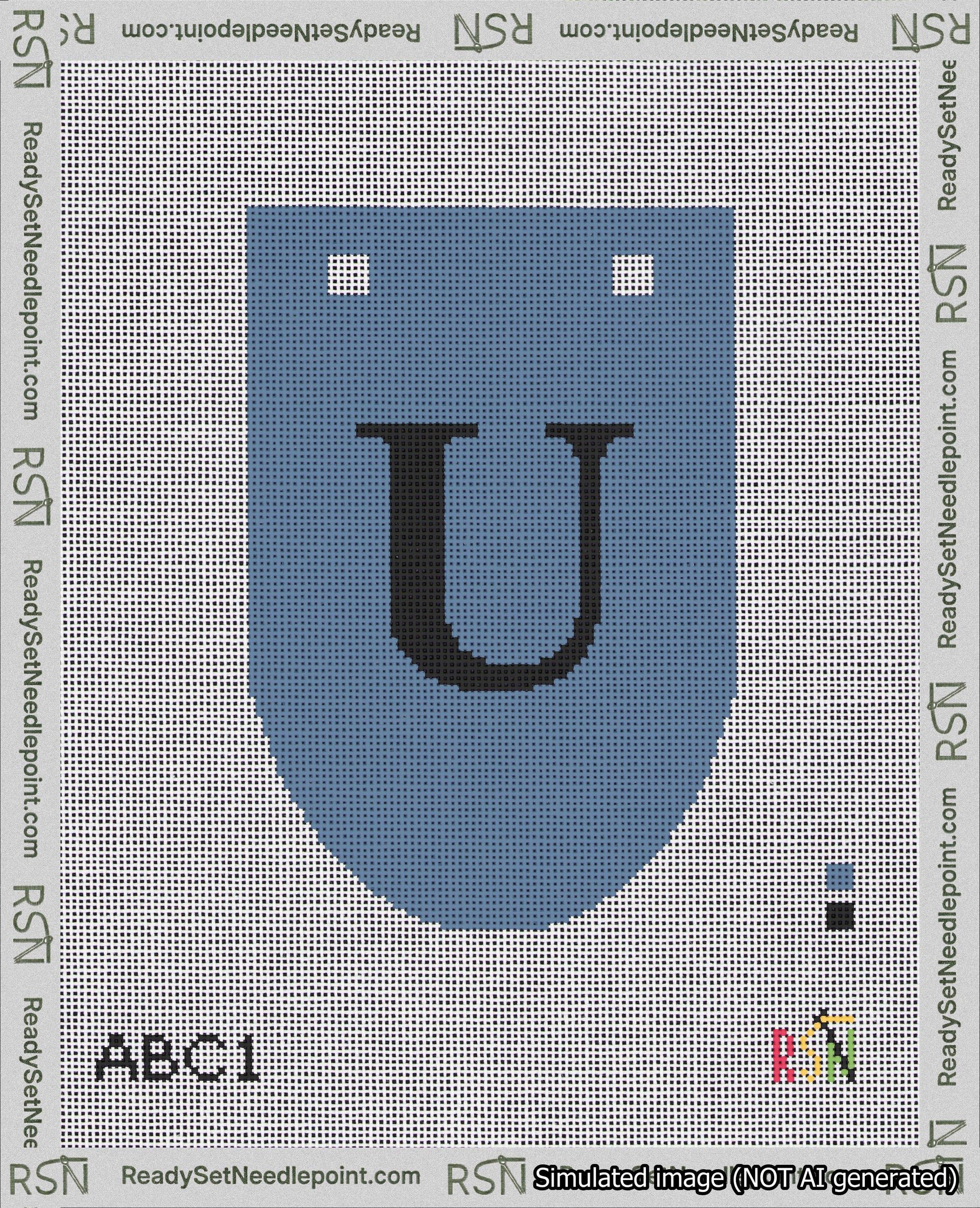 A taped needlepoint canvas with the design: Banner 18 mesh count Rounded U Black on Blue.