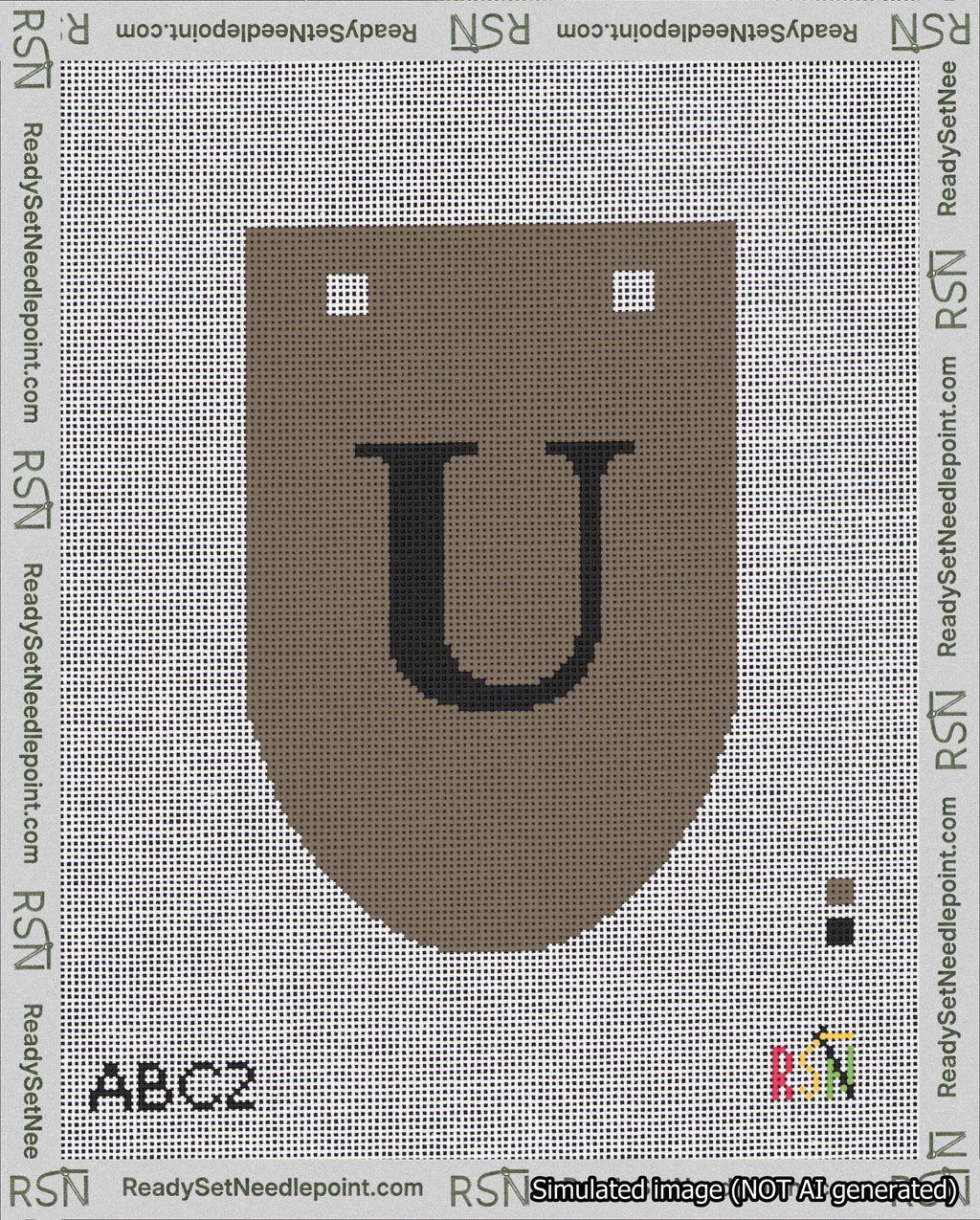 A taped needlepoint canvas with the design: Banner 18 mesh count Rounded U Black on Brown.