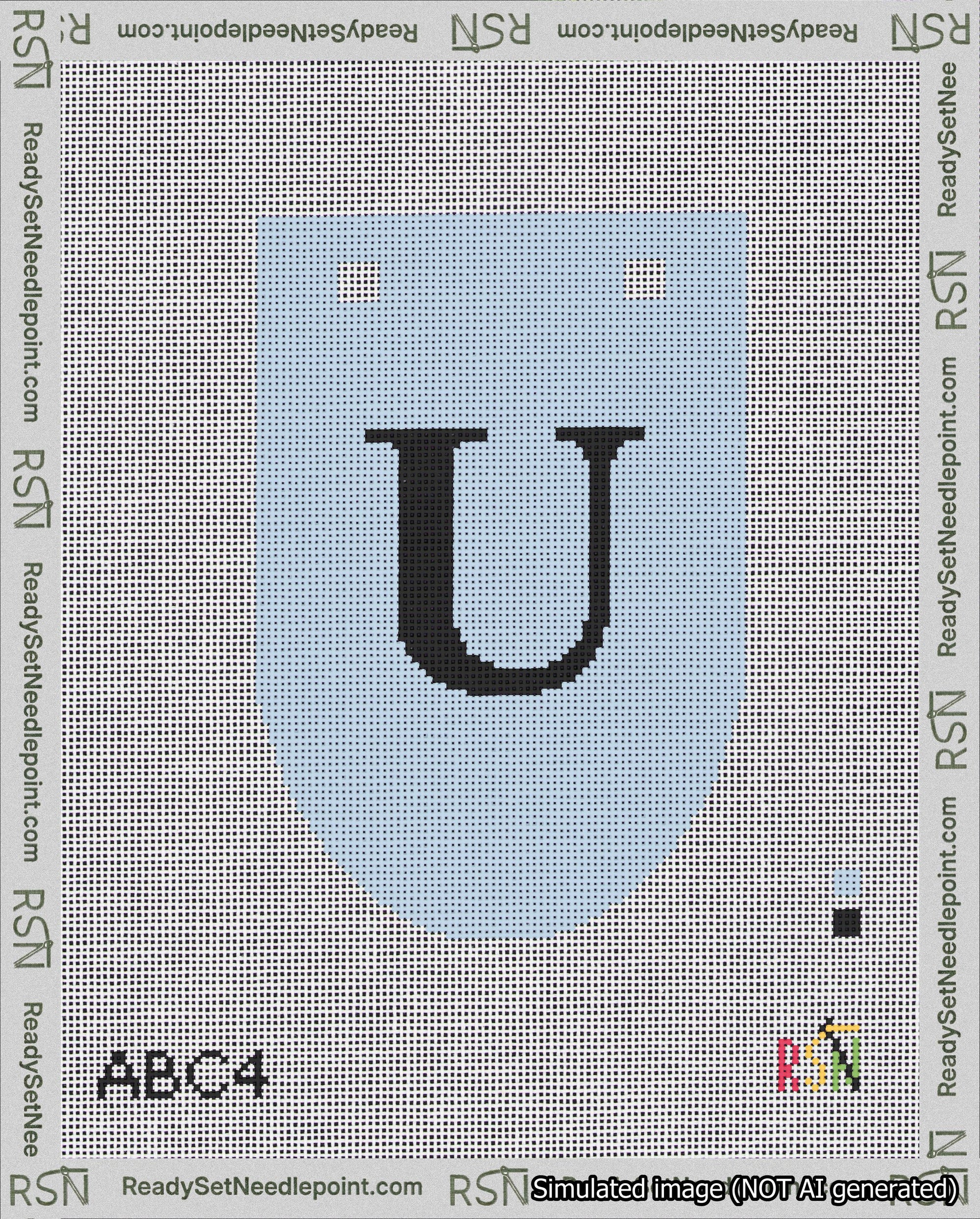 A taped needlepoint canvas with the design: Banner 18 mesh count Rounded U Black on Light Blue.