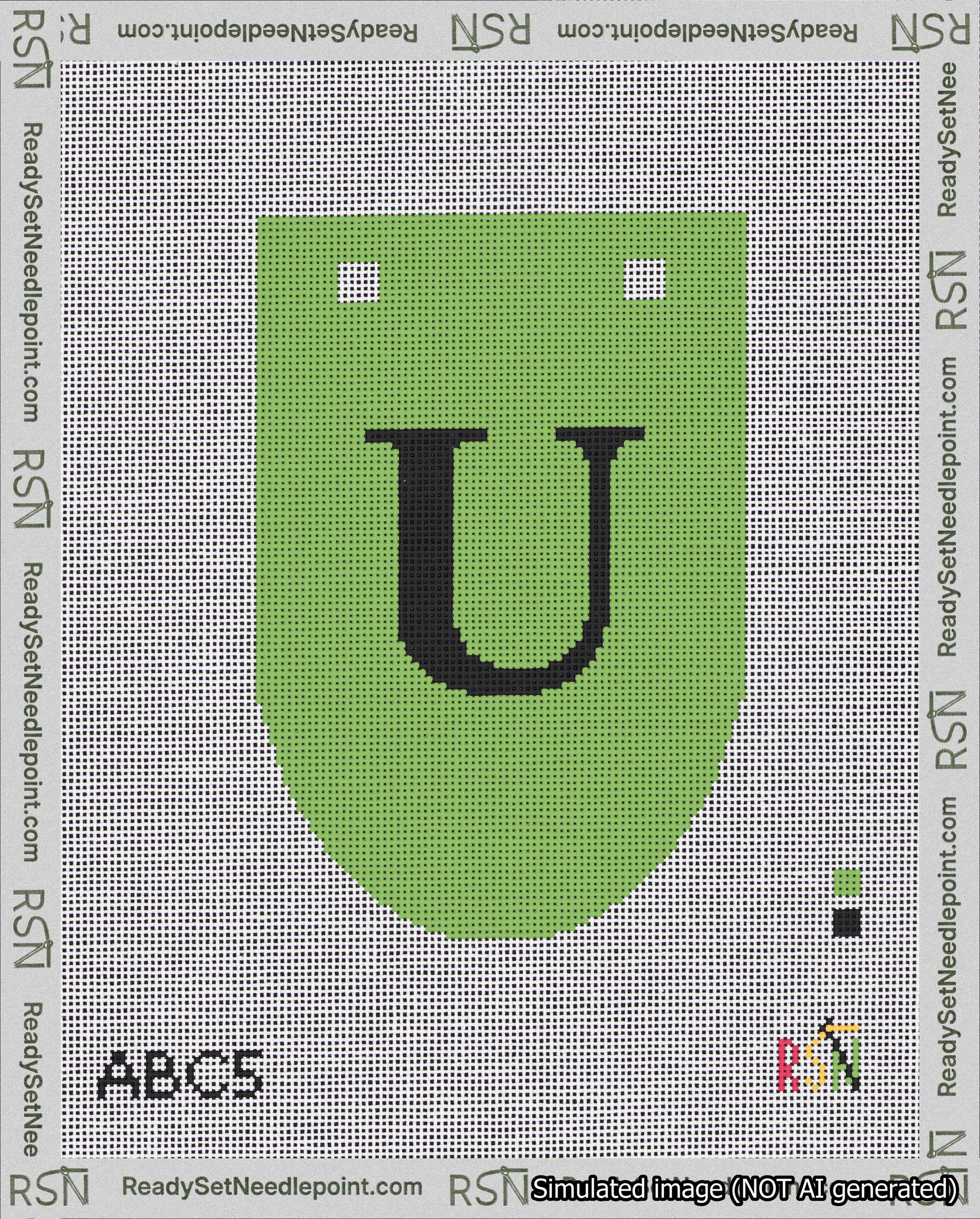 A taped needlepoint canvas with the design: Banner 18 mesh count Rounded U Black on Light Green.