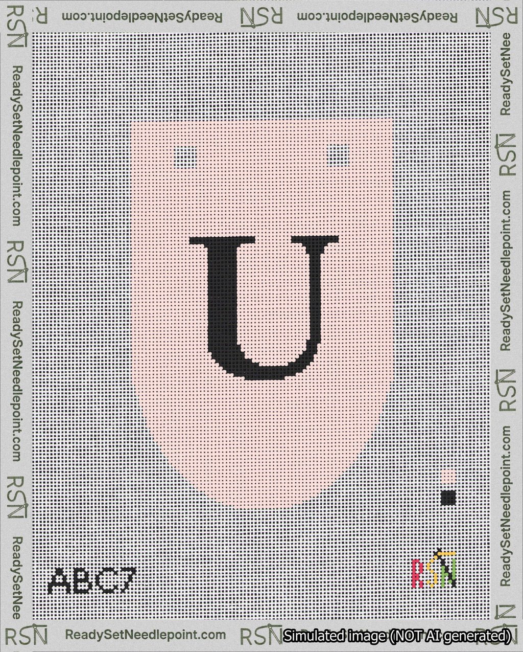 A taped needlepoint canvas with the design: Banner 18 mesh count Rounded U Black on Pink.
