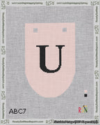 A taped needlepoint canvas with the design: Banner 18 mesh count Rounded U Black on Pink.