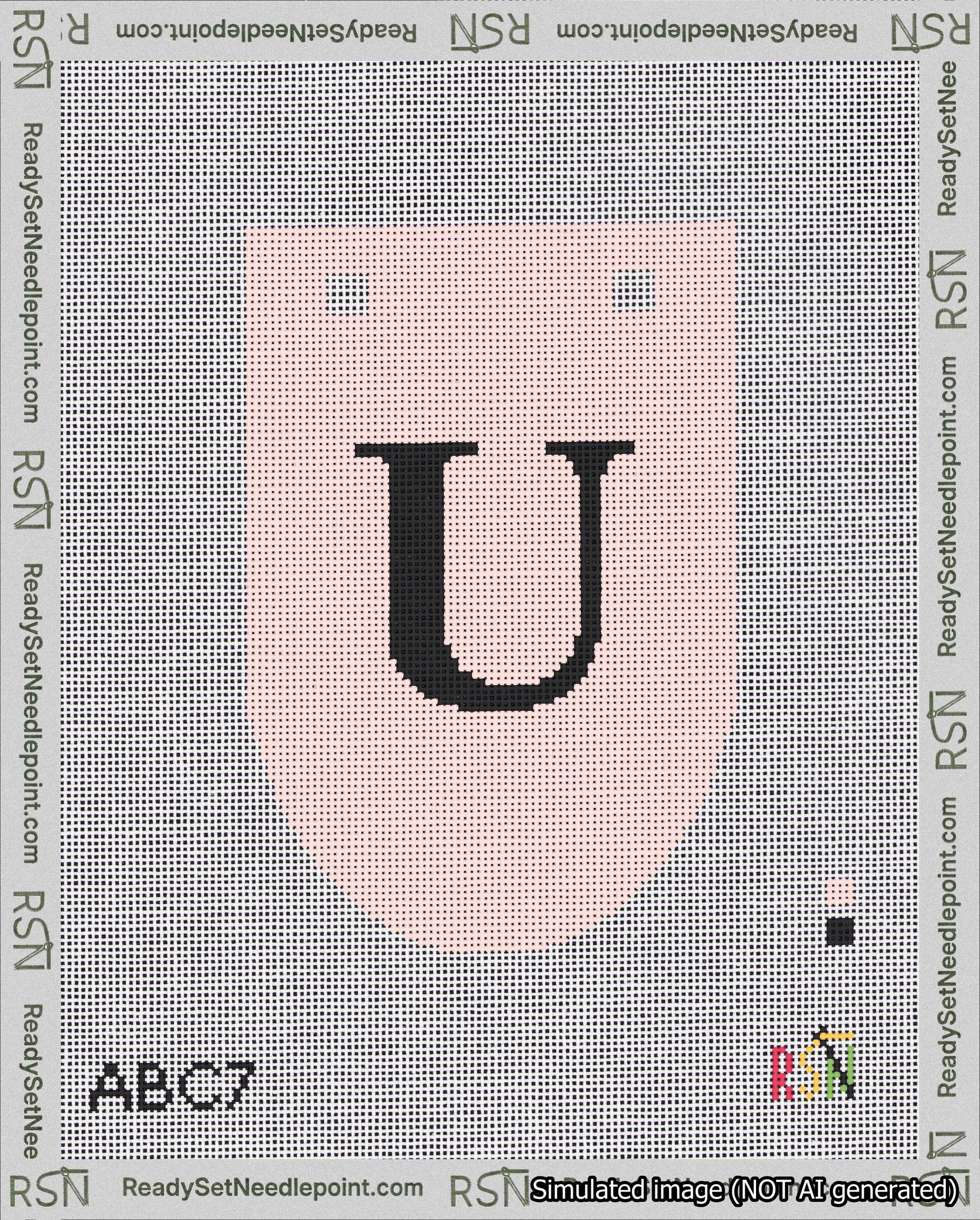 A taped needlepoint canvas with the design: Banner 18 mesh count Rounded U Black on Pink.