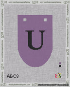 A taped needlepoint canvas with the design: Banner 18 mesh count Rounded U Black on Purple.