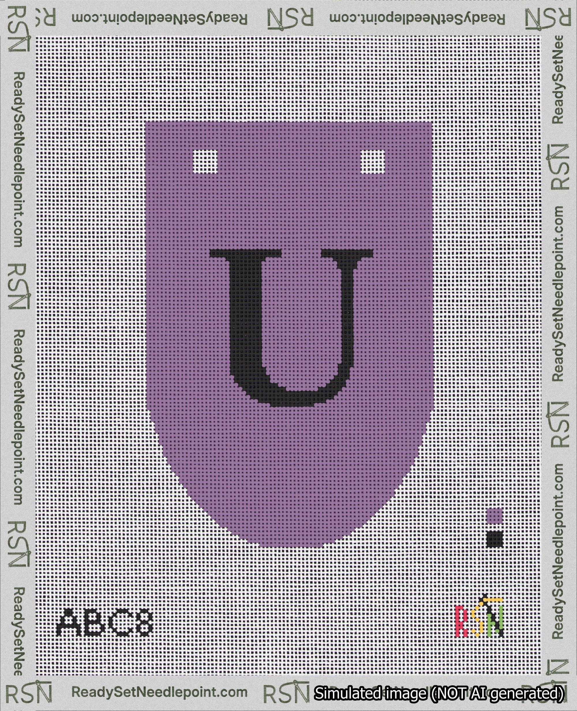 A taped needlepoint canvas with the design: Banner 18 mesh count Rounded U Black on Purple.