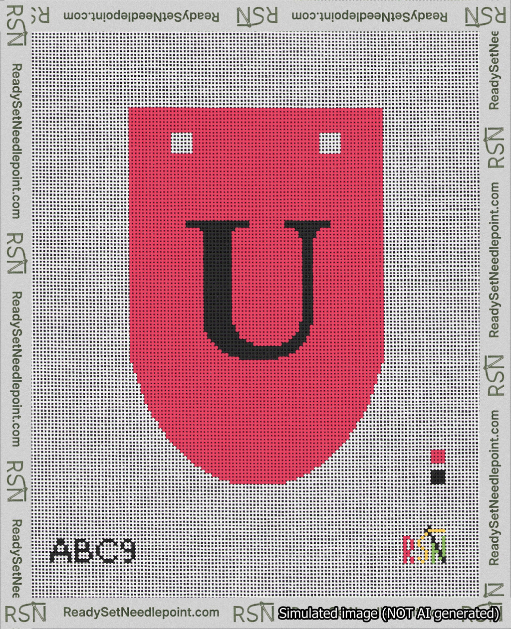 A taped needlepoint canvas with the design: Banner 18 mesh count Rounded U Black on Red.