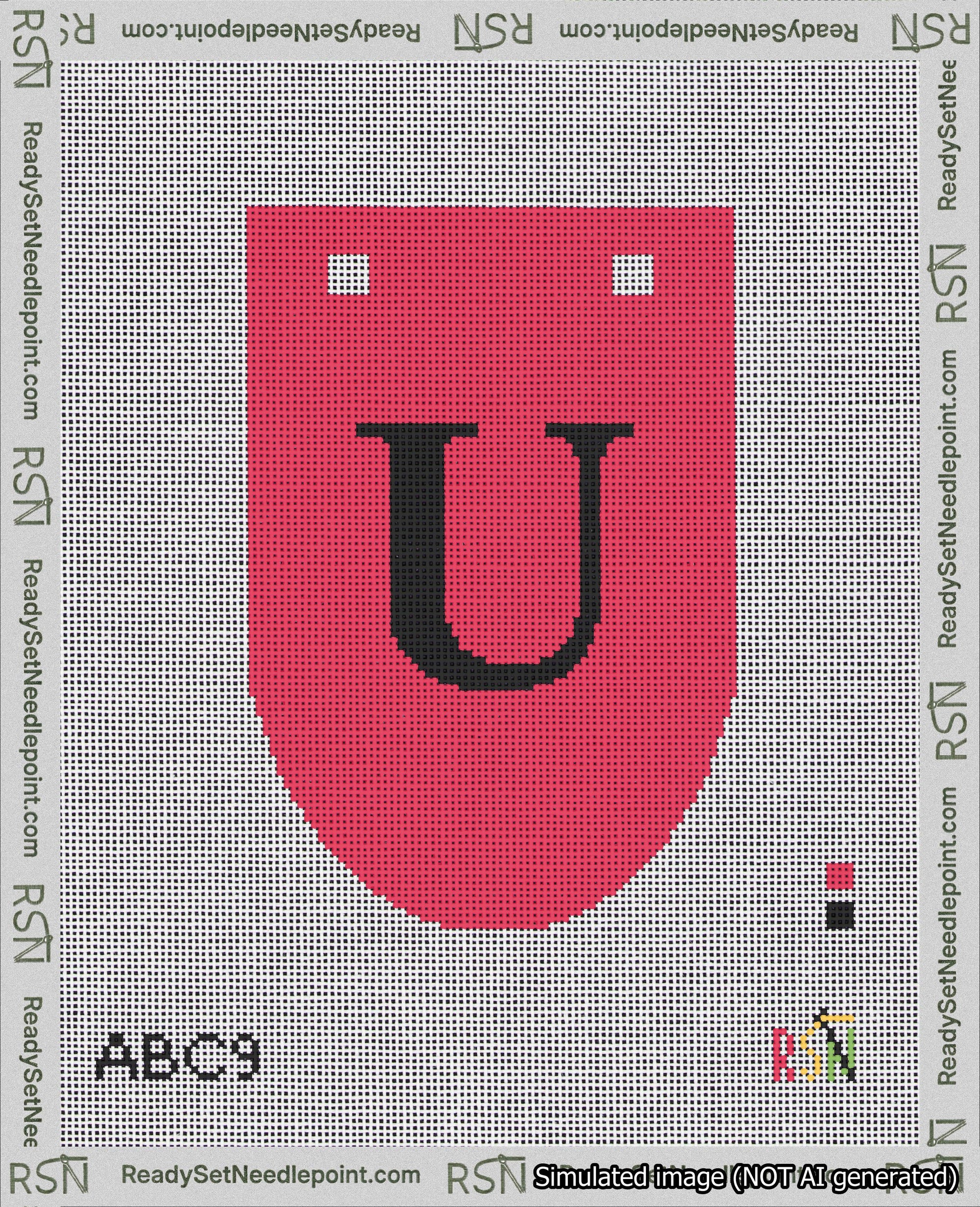 A taped needlepoint canvas with the design: Banner 18 mesh count Rounded U Black on Red.