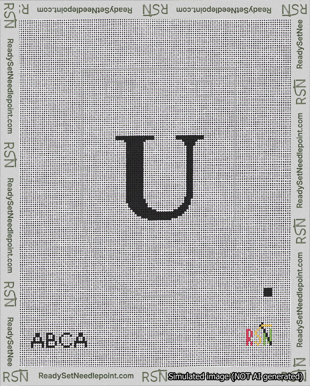 A taped needlepoint canvas with the design: Banner 18 mesh count Rounded U Black on White.