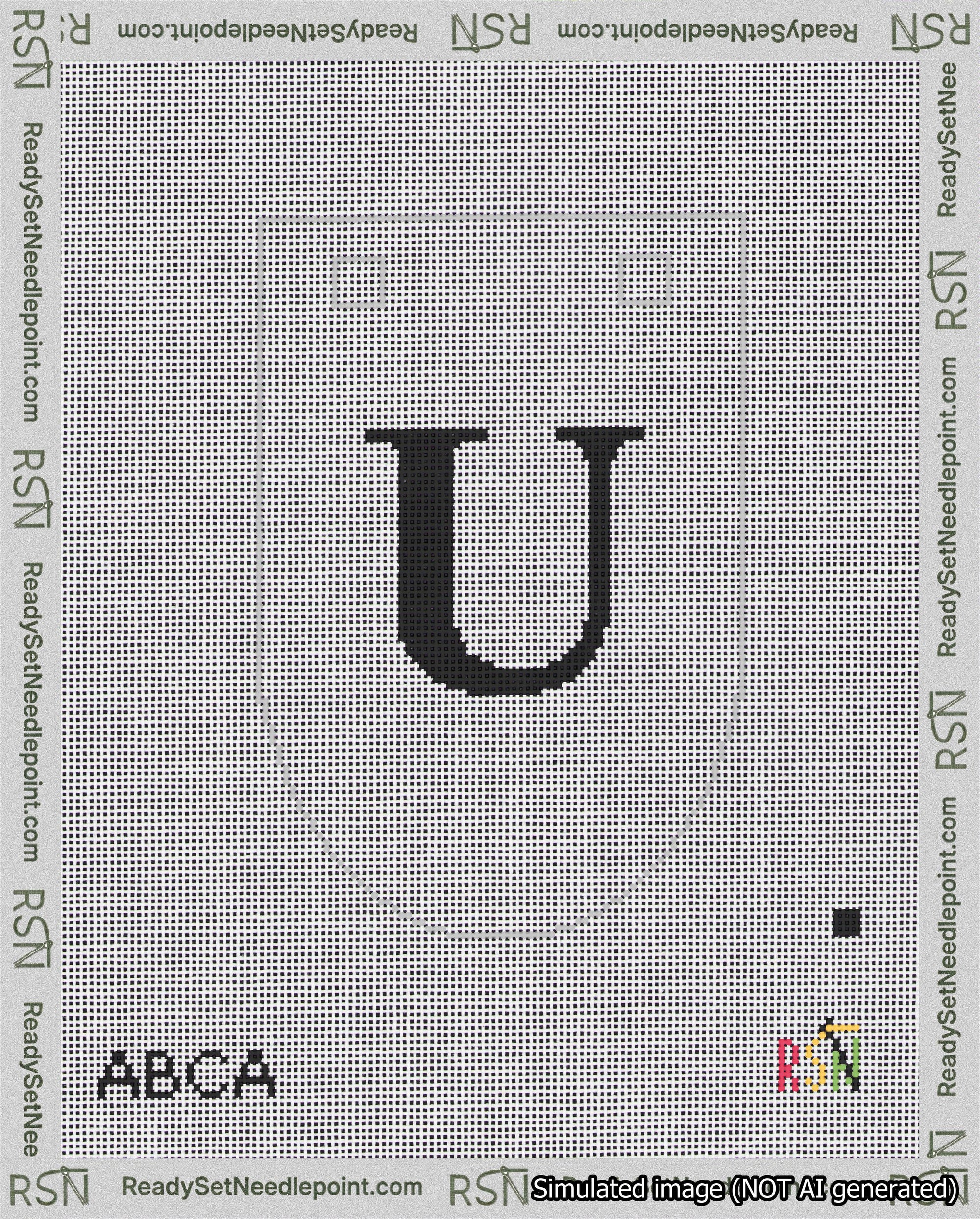A taped needlepoint canvas with the design: Banner 18 mesh count Rounded U Black on White.