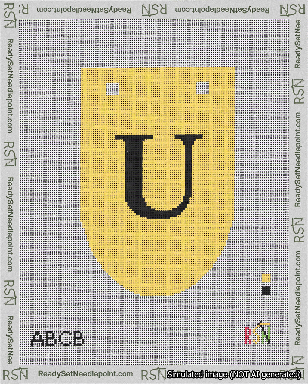 A taped needlepoint canvas with the design: Banner 18 mesh count Rounded U Black on Yellow.