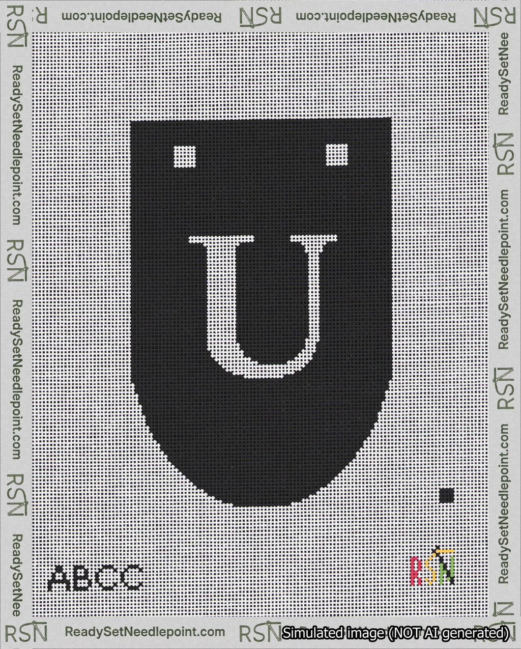 A taped needlepoint canvas with the design: Banner 18 mesh count Rounded U White on Black.