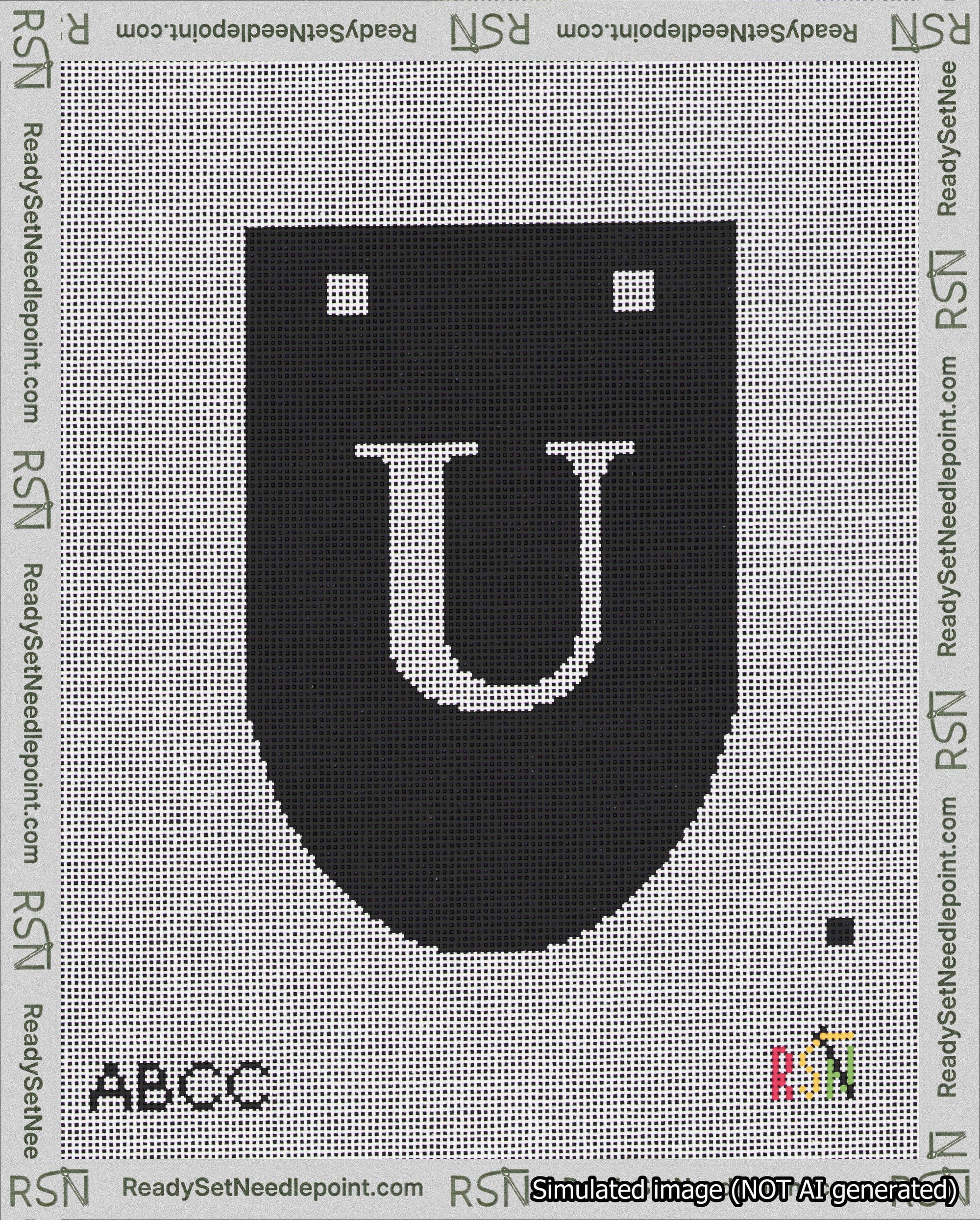 A taped needlepoint canvas with the design: Banner 18 mesh count Rounded U White on Black.
