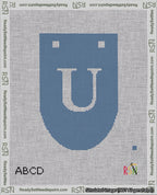 A taped needlepoint canvas with the design: Banner 18 mesh count Rounded U White on Blue.