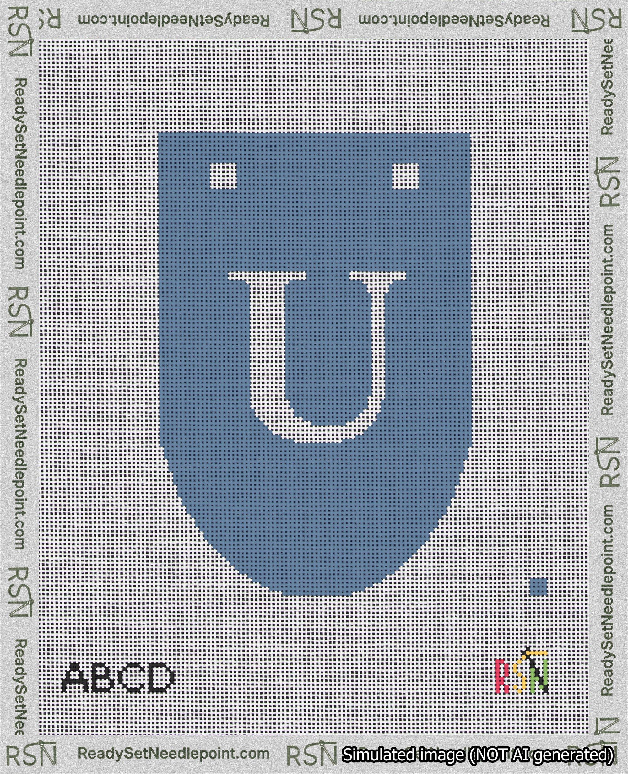 A taped needlepoint canvas with the design: Banner 18 mesh count Rounded U White on Blue.