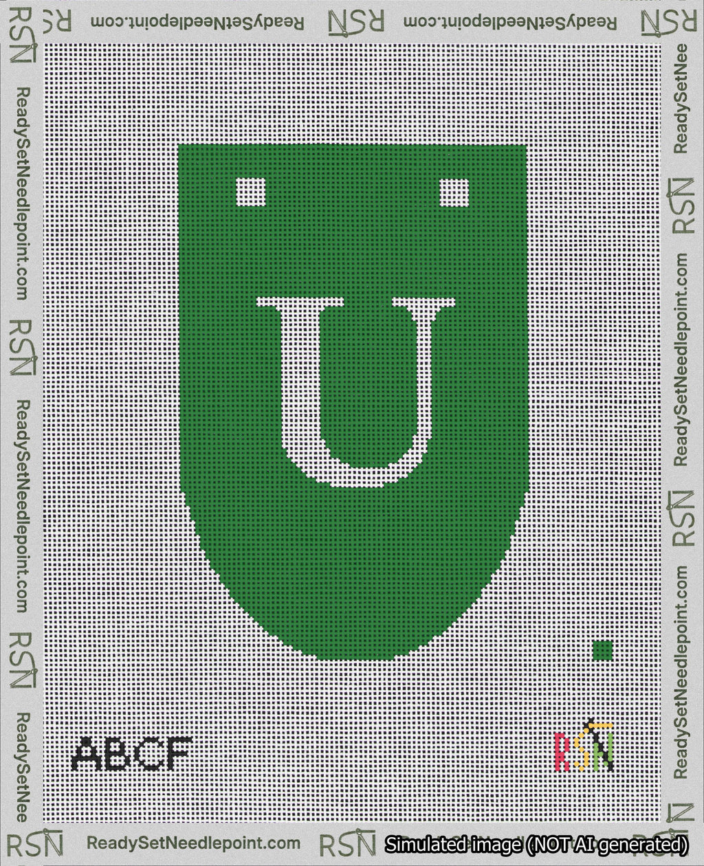 A taped needlepoint canvas with the design: Banner 18 mesh count Rounded U White on Green.