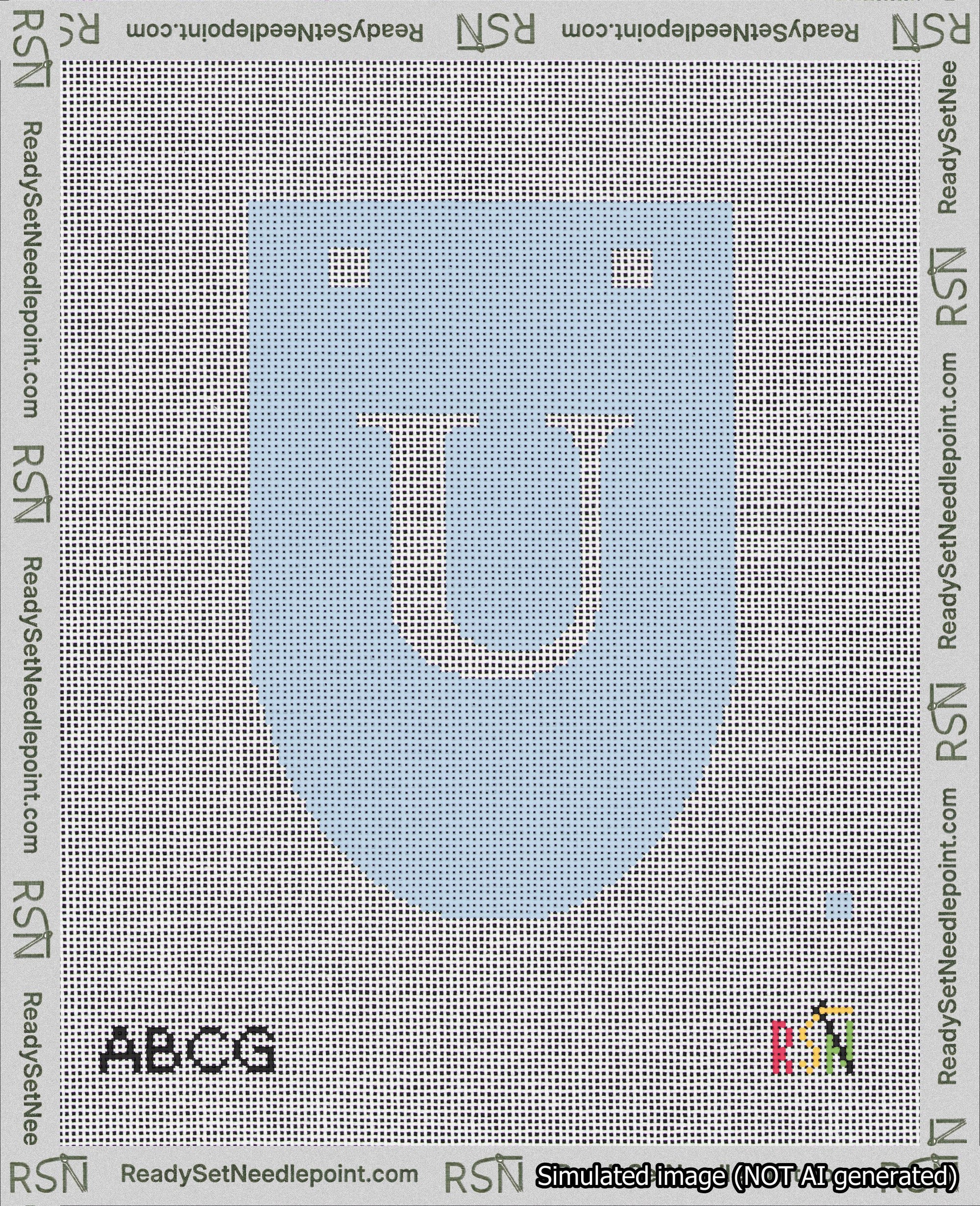 A taped needlepoint canvas with the design: Banner 18 mesh count Rounded U White on Light Blue.
