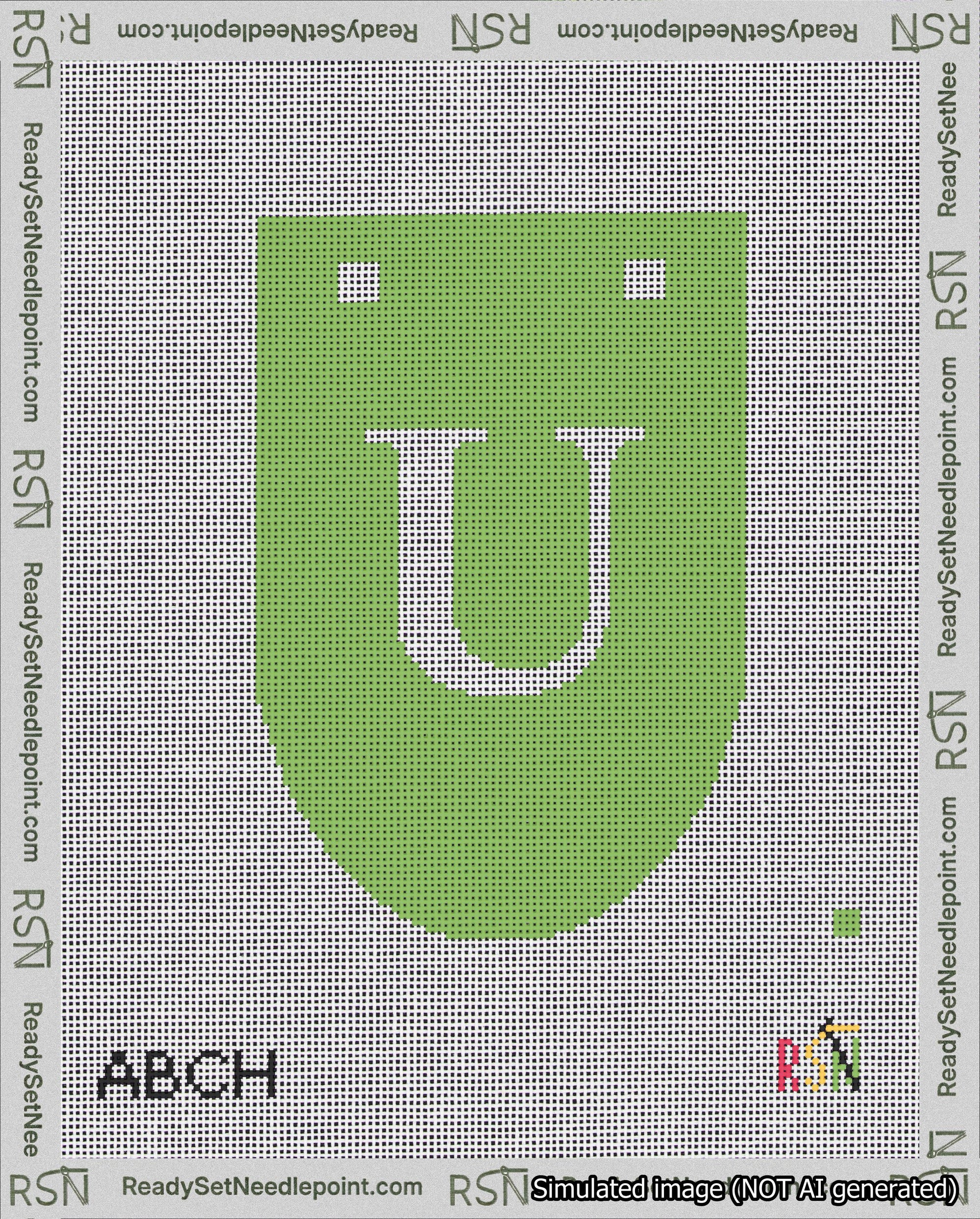 A taped needlepoint canvas with the design: Banner 18 mesh count Rounded U White on Light Green.