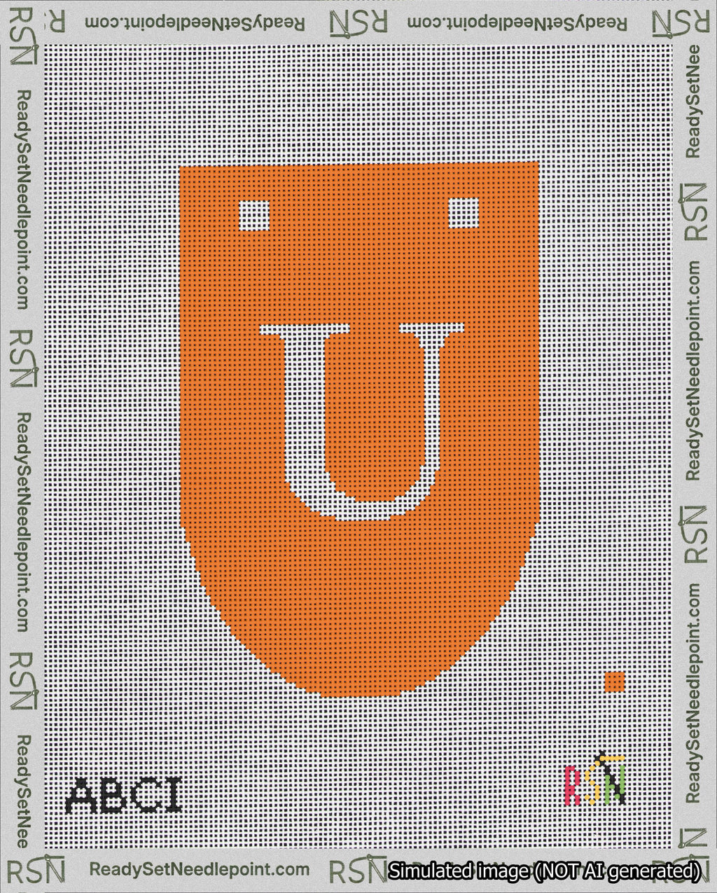 A taped needlepoint canvas with the design: Banner 18 mesh count Rounded U White on Orange.