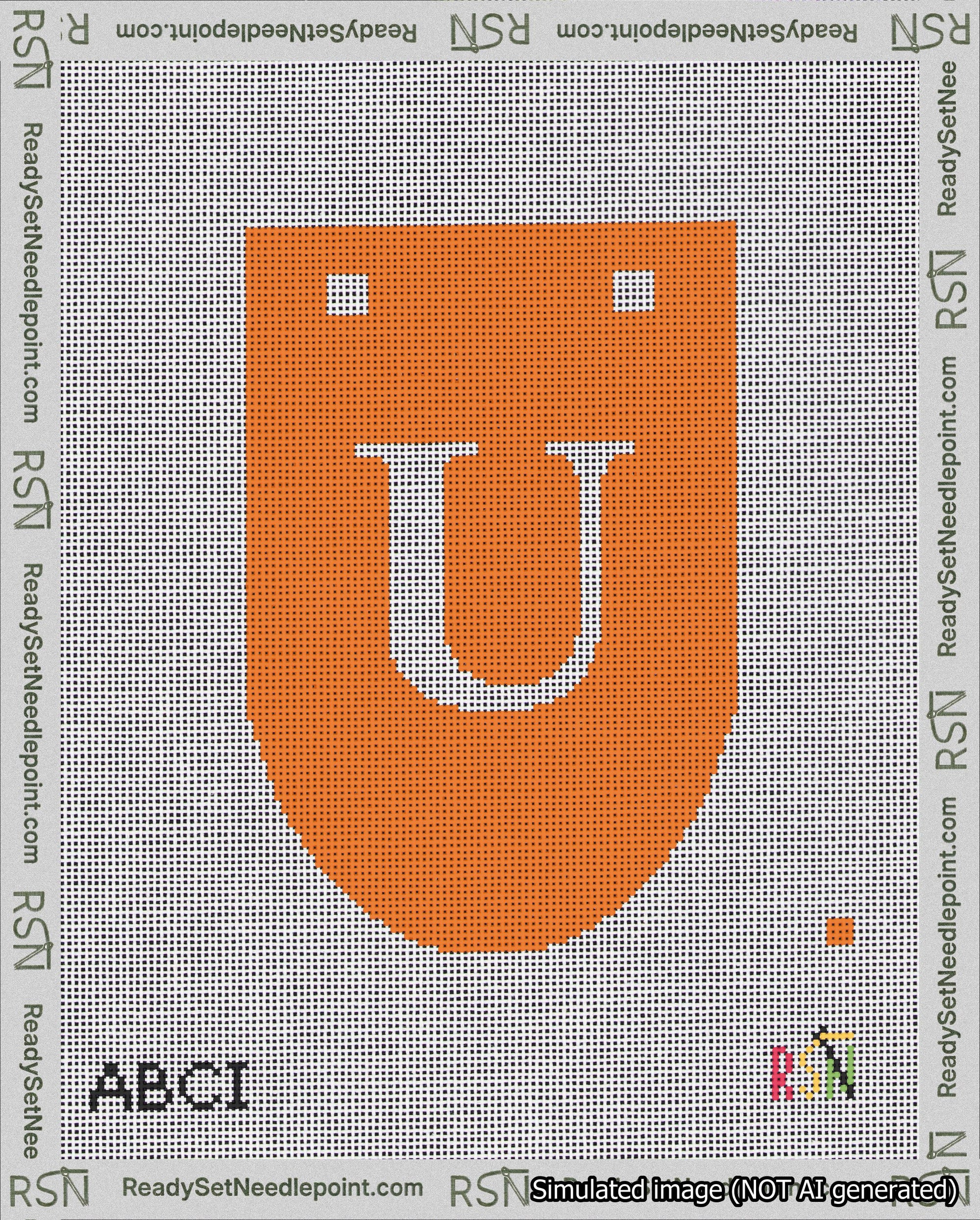 A taped needlepoint canvas with the design: Banner 18 mesh count Rounded U White on Orange.