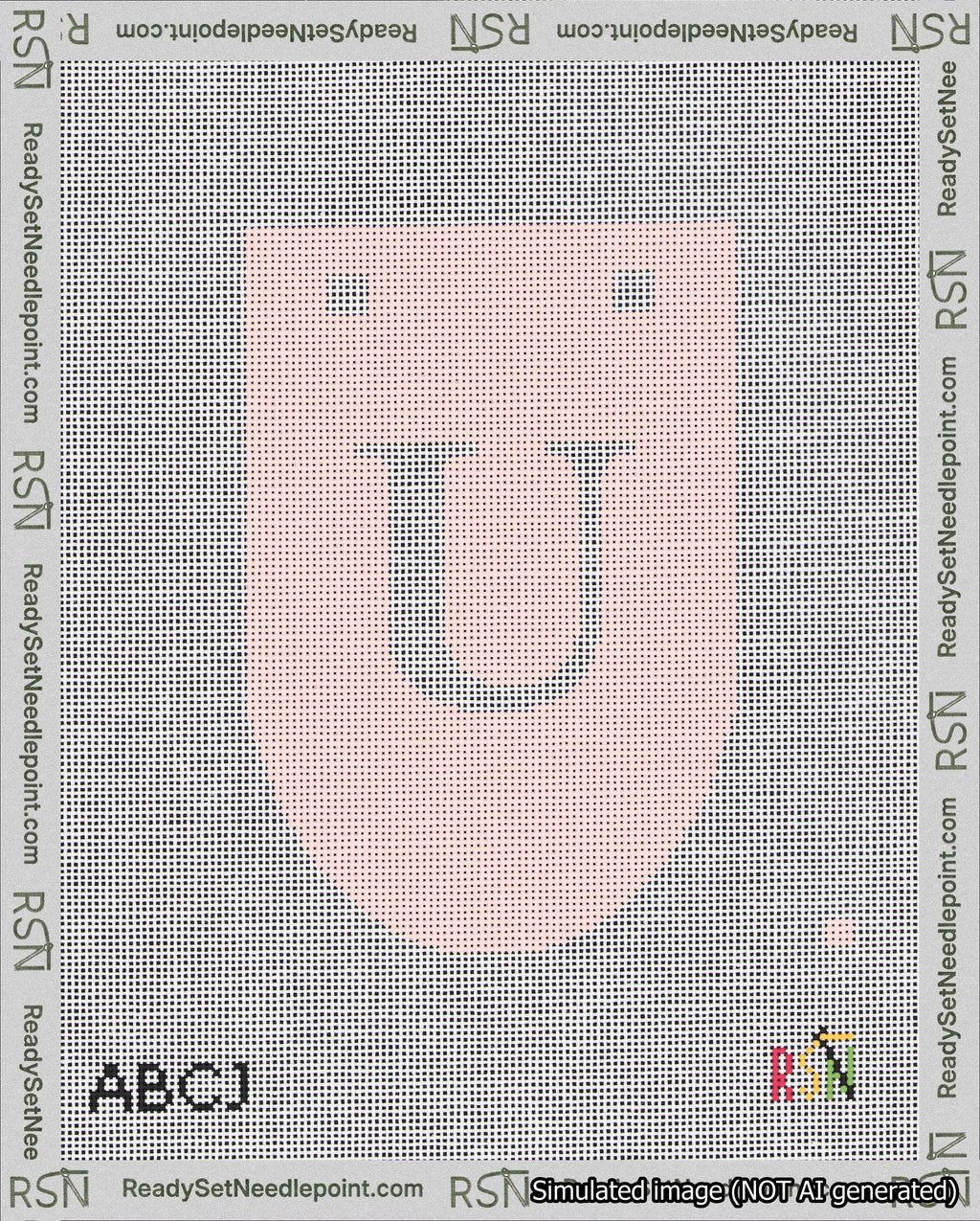 A taped needlepoint canvas with the design: Banner 18 mesh count Rounded U White on Pink.