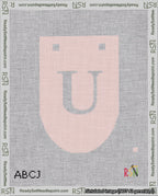 A taped needlepoint canvas with the design: Banner 18 mesh count Rounded U White on Pink.
