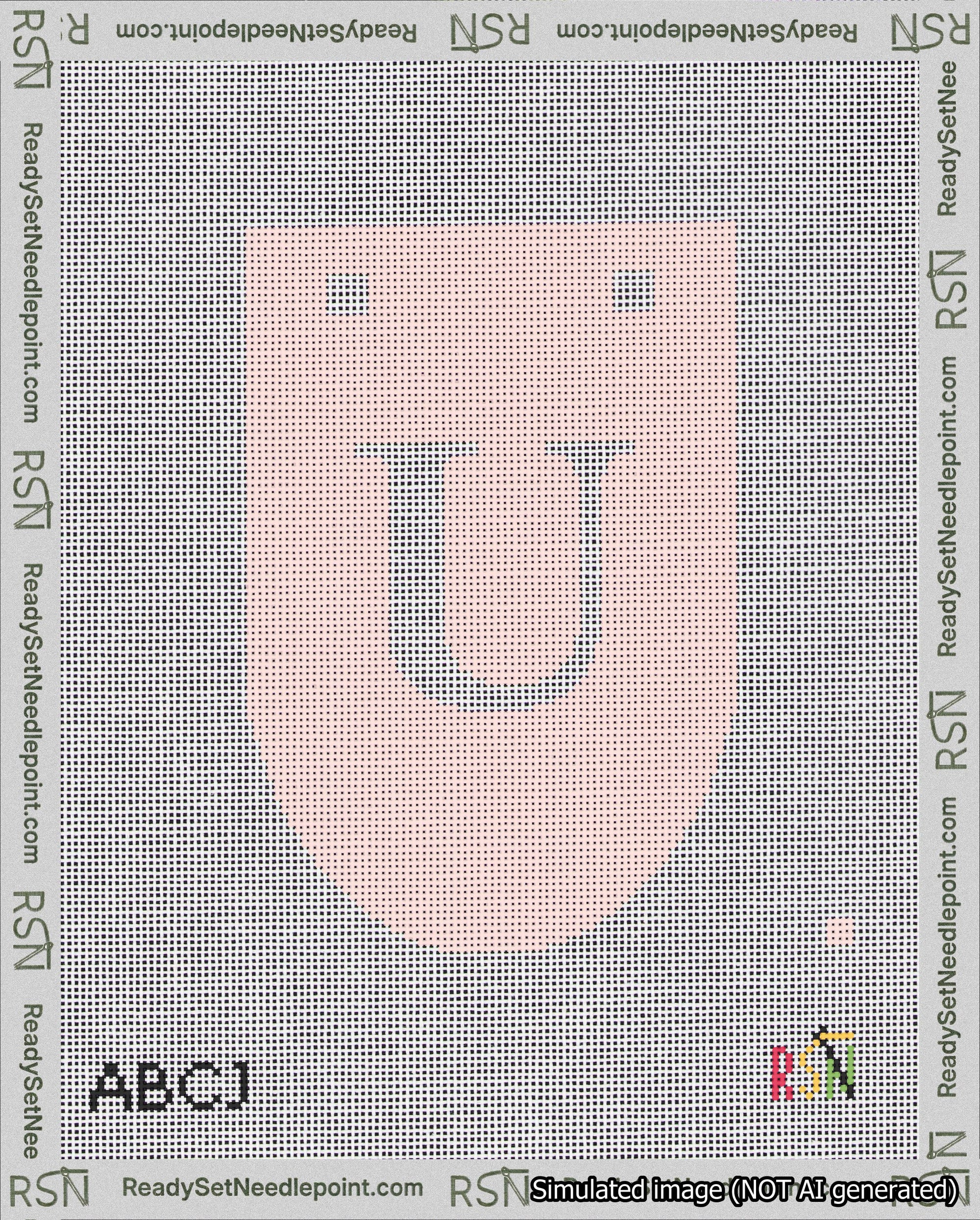 A taped needlepoint canvas with the design: Banner 18 mesh count Rounded U White on Pink.