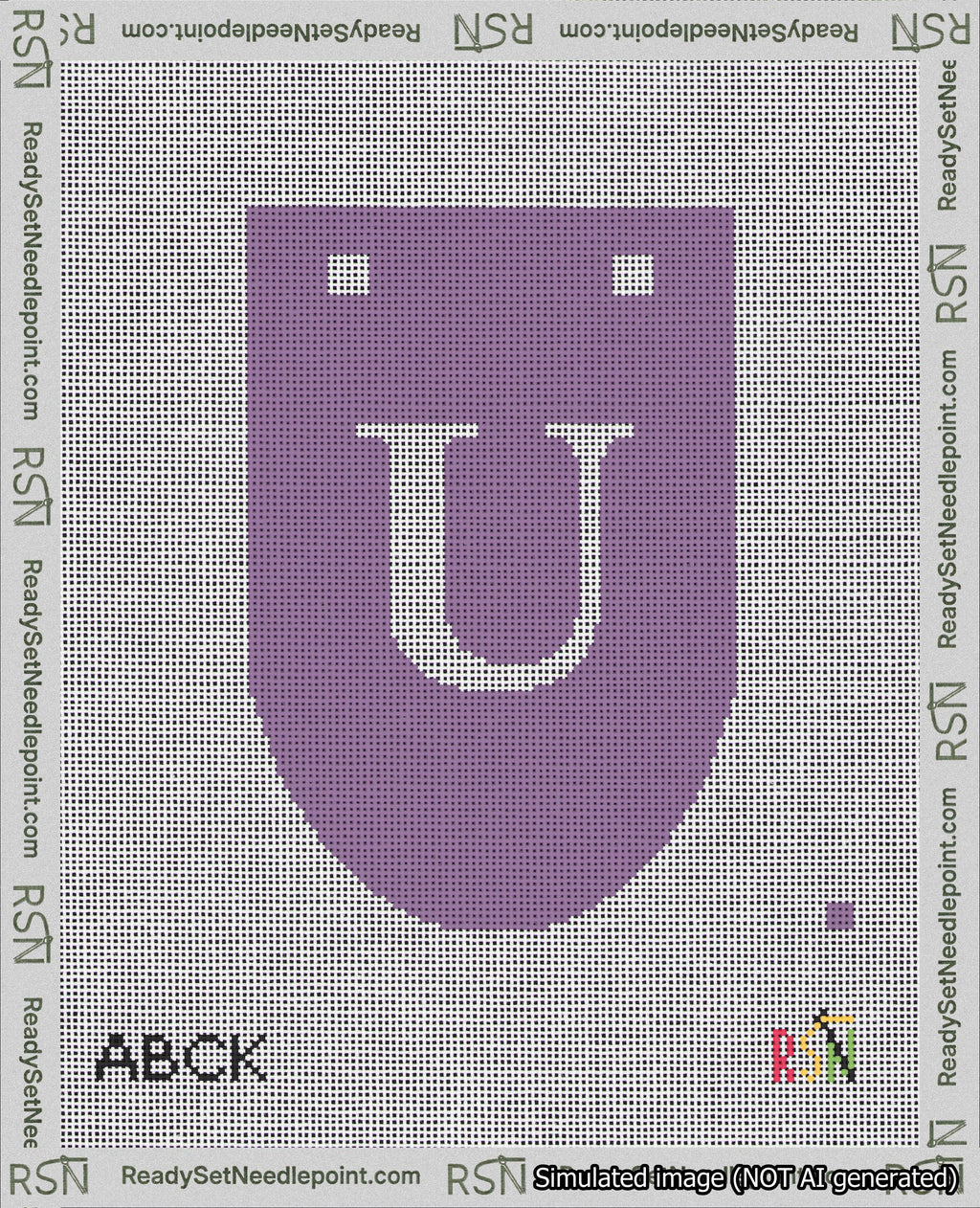A taped needlepoint canvas with the design: Banner 18 mesh count Rounded U White on Purple.