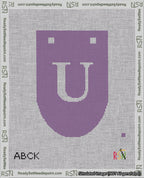 A taped needlepoint canvas with the design: Banner 18 mesh count Rounded U White on Purple.