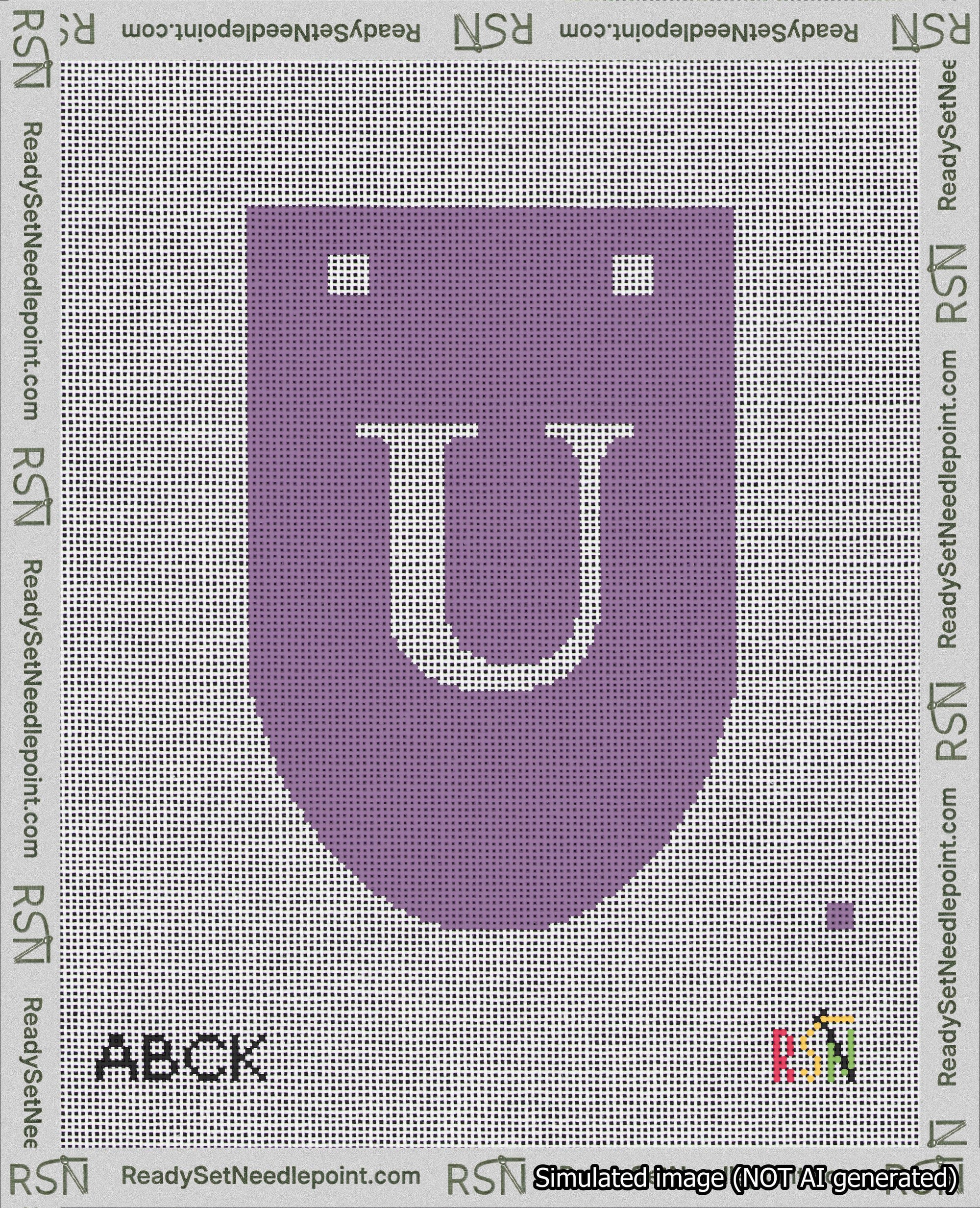 A taped needlepoint canvas with the design: Banner 18 mesh count Rounded U White on Purple.