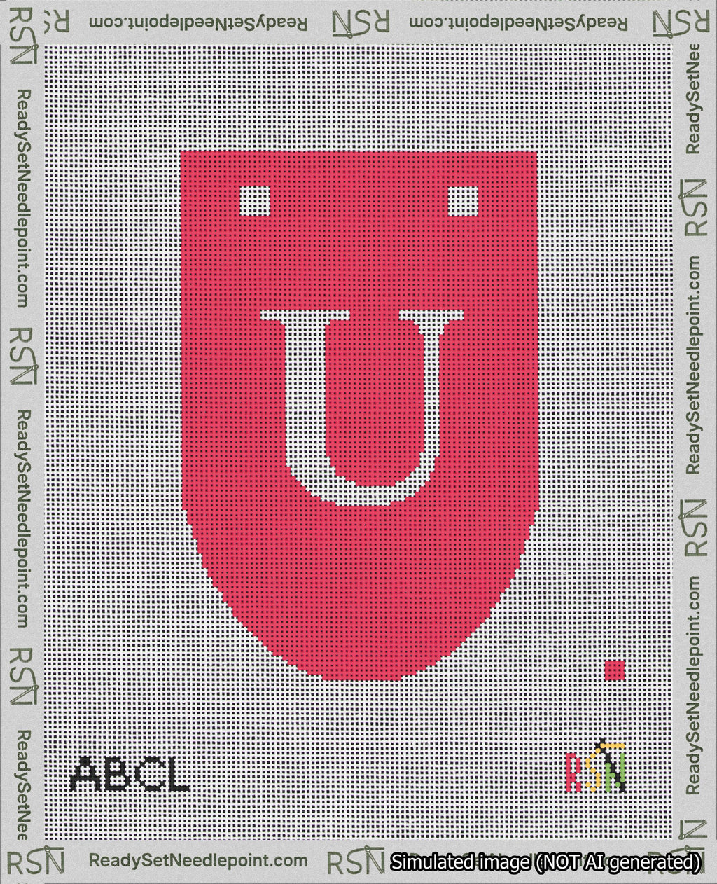 A taped needlepoint canvas with the design: Banner 18 mesh count Rounded U White on Red.