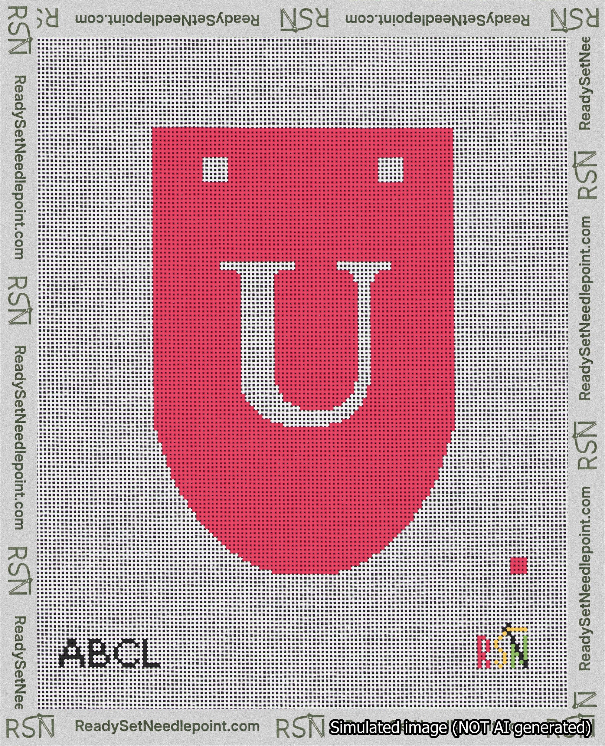 A taped needlepoint canvas with the design: Banner 18 mesh count Rounded U White on Red.