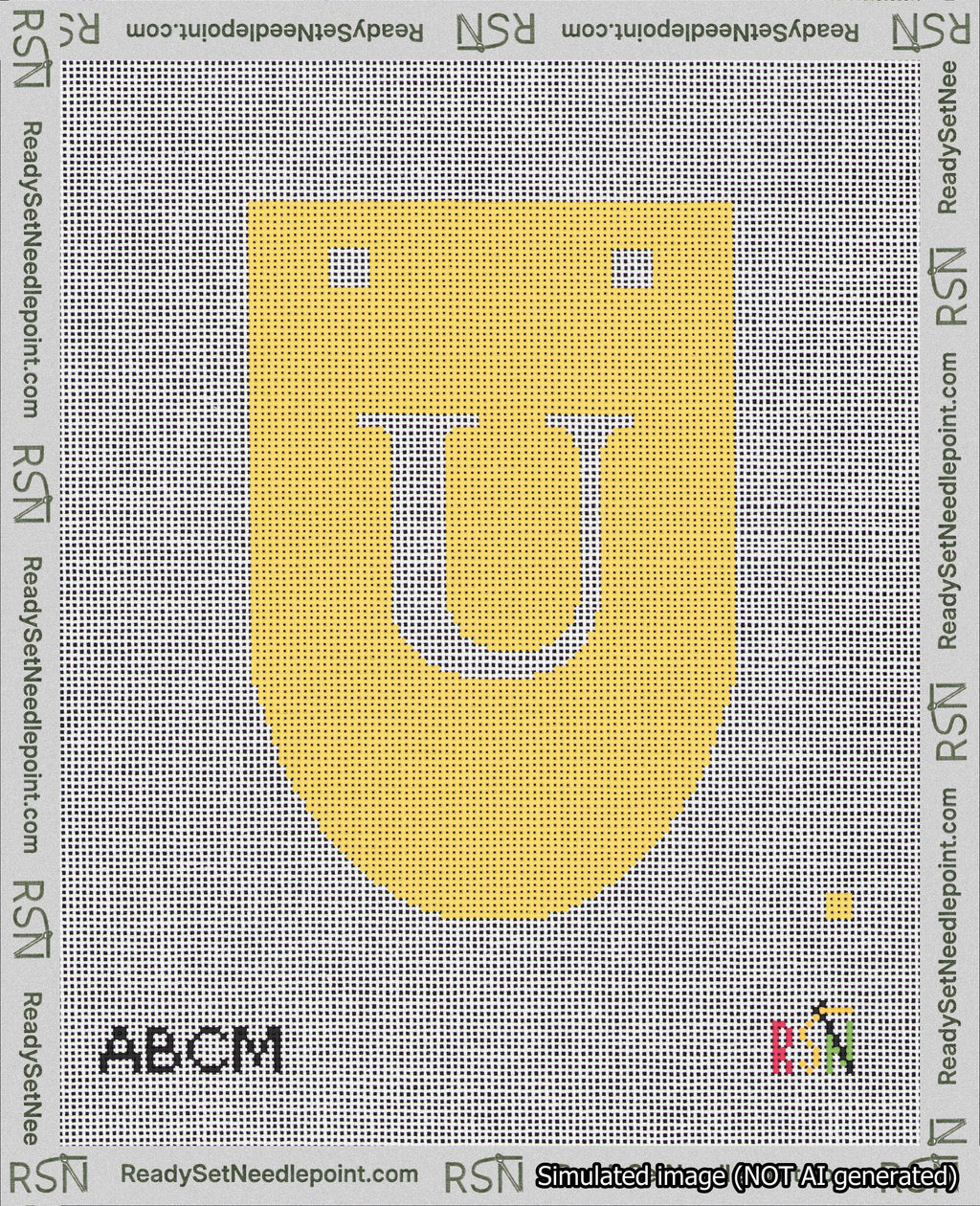 A taped needlepoint canvas with the design: Banner 18 mesh count Rounded U White on Yellow.